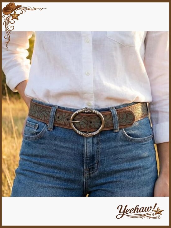 Vintage Western Style Leather Belt with Rhinestone Ring Buckle main image 4